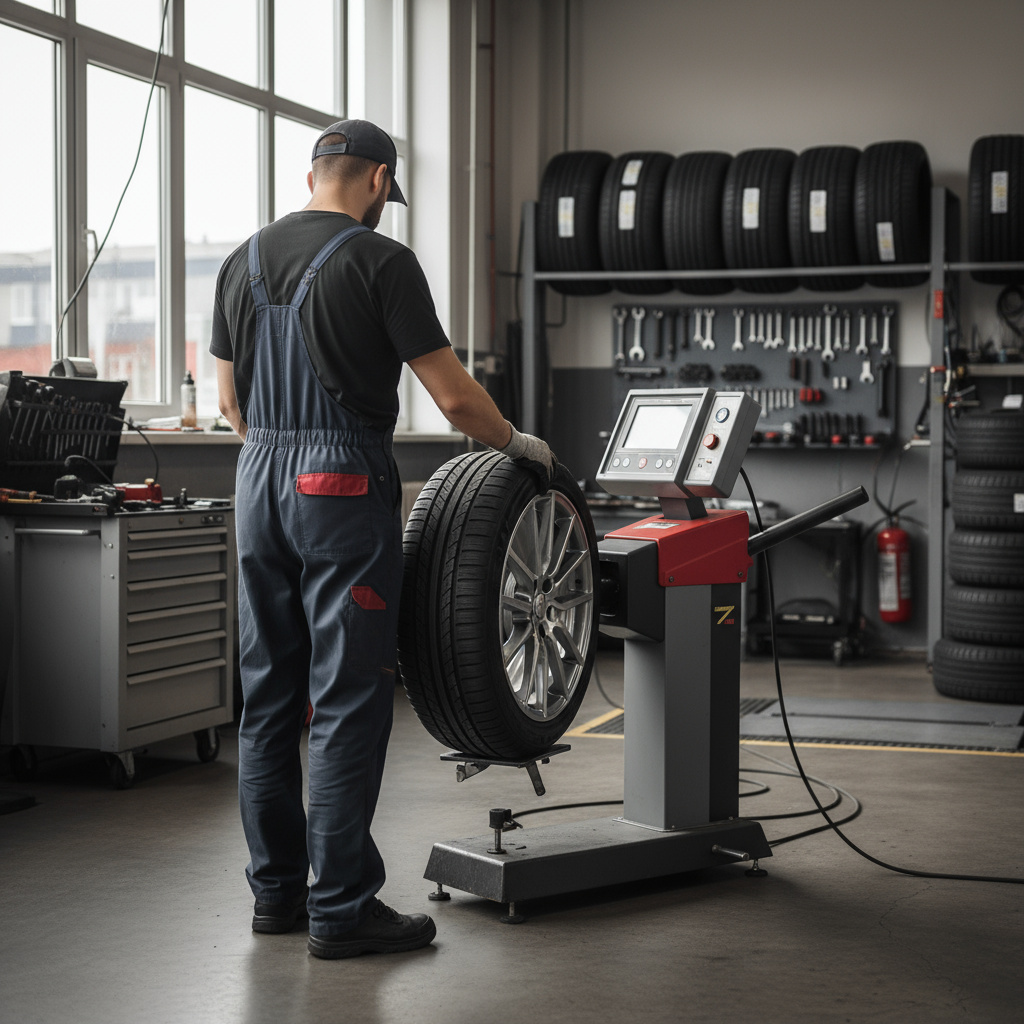 Mechaniker montiert einen Reifen auf einer modernen Auswuchtmaschine