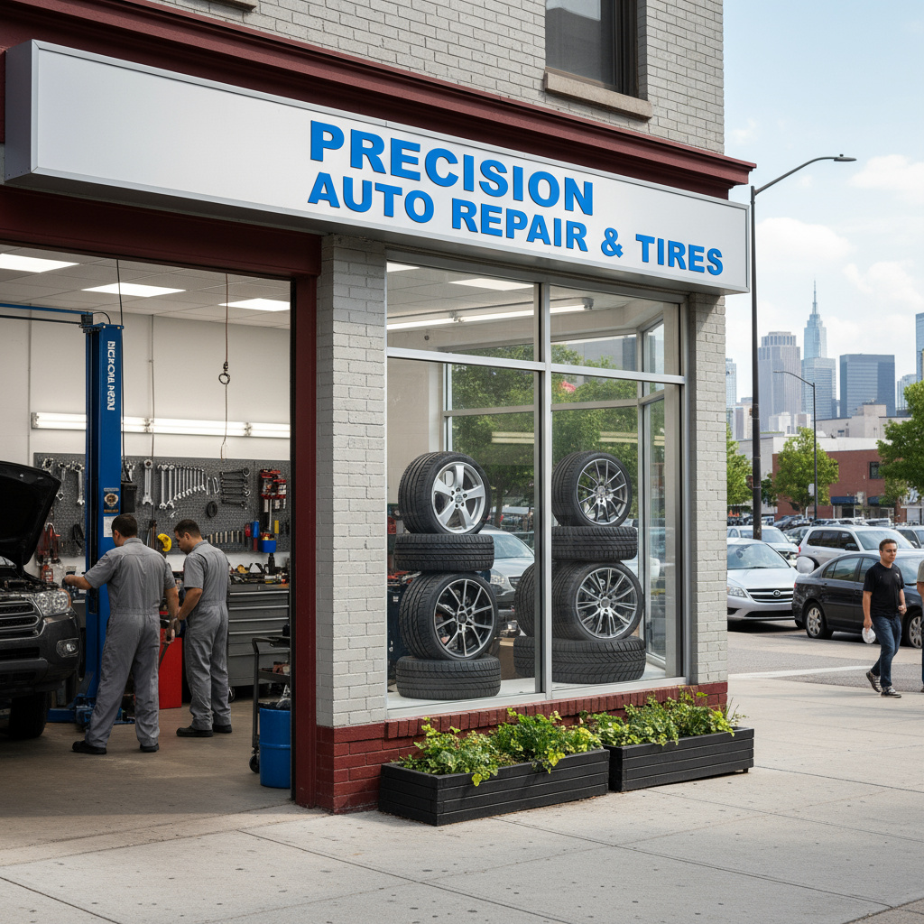Außenansicht der Werkstatt von Noval Risa Tire Service in Wien